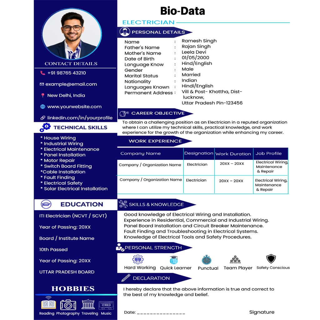 Simple Bio Data, Resume Format for Electrician Editable Template